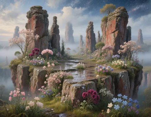 Prompt: Imagine a breathtaking springtime landscape in exquisite oils, dominated by a high, expansive plateau with wet ground, alien and otherworldly wildflowers and grass, dotted with towering, magnificent stone formations—ancient, craggy reddish-gray cliffs and sculptural rock spires rising from scattered rocky outcrops. The plateau is relatively flat but punctuated with dramatic stones, their weathered surfaces etched by time. Moisture-laden air and gentle mist create a humid atmosphere that clings to every crevice, lending a soft, ethereal glow. In the distance, a foggy valley stretches beyond the plateau, barely visible through the haze, suggesting vast, hidden depths.

Nestled within cracks and terraces of the stone, an otherworldly rock garden thrives. Delicate life emerges improbably from the rocks: tender green shrubs, colorful grass, small wind-shaped flowering trees, and fantastical spring flowers rooted in narrow seams of soil. Soft pink, dark velvety magenta, lavender, cream, sapphire and white blossoms grow along rocky ledges and blooms flourish in pockets between boulders, as if the plateau itself is flowering.

Moonlight glimmers on dew-kissed petals and mineral surfaces alike, lending a cool, faintly golden glow to the rocks and blossoms. Above, wispy clouds drift across a star-filled night sky streaked with distant nebulae, casting subtle shadows that emphasize the plateau’s textured surfaces. Below, lush dark green grasses ripple gently across the plateau floor, reinforcing the contrast between unyielding stone and fragile life.

Rendered as a highly detailed oil landscape in the spirit of 19th-century realist painting, the scene invites viewers to lose themselves in the serene tension between monumental geology, humid atmosphere, and the quiet persistence of spring.