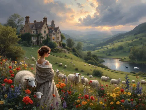 Prompt: A stately old English mansion stands proudly atop green rolling hills, surrounded by a lush, colorful cottage garden bursting with vibrant blossoms of reds, yellows, and purples. The air is thick with the sweet scent of blooming flowers, while gentle, fluffy sheep graze lazily in the nearby fields, some peeking curiously toward the scene. Above, the clouds from a distant retreating storm swirl with darkening hues, casting soft shadows across the tranquil landscape with green rolling hills and springtime wildflowers. . In the foreground, a beautiful woman in a flowing, old-fashioned dress, adorned with delicate lace, wraps herself in a cozy shawl, her serene expression hinting at a wistful longing. Nearby, a glimmering lake reflects the fading light, where the playful silhouette of a magnificent sea creature emerges, its scales shimmering like jewels beneath the surface. The entire scene is captured in rich, textured oils, inviting warmth and nostalgia.