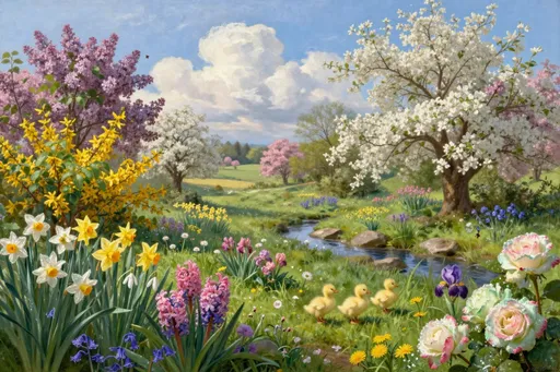 Prompt: Imagine a breathtaking springtime landscape, enveloped in a tapestry of vibrant colors and delicate fragrances. Fluffy, white clouds drift lazily across an azure sky, casting soft shadows over a lush expanse of dark green grass that dances gently in the light breeze. Tender green shrubs burst forth alongside forsythia  and trees adorned with blossoms in soft pinks and whites. A symphony of flowers generously carpets the scene: fragrant lilacs and cheerful daffodils intermingle with vibrant hyacinths, delicate snowdrops, bold irises, charming bluebells, and scattered dandelions, creating a kaleidoscope of colors. Green-white roses with pink-edged petals glisten with dewdrops that refract rainbows in the sunlight. The sunlight glimmers on dew-kissed petals, lending a warm, golden glow to the serene countryside. Fluffy yellow chicks and ducklings. Blue creek over grass and rocks. Bees, butterflies and birds. This highly detailed oil landscape invites viewers to lose themselves in its tranquil beauty, reminiscent of 19th-century realist works.