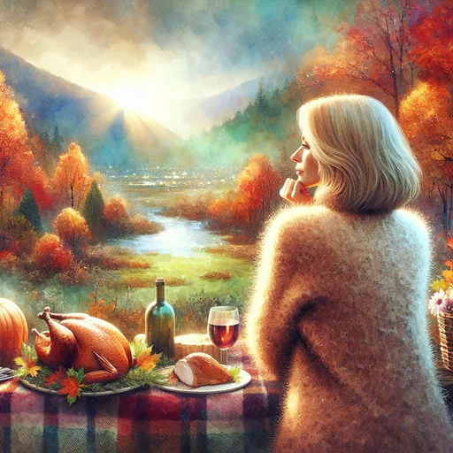 Prompt: fall scene in lush meadow in California Modesto Valley, pensive 40 year old woman with chin-length blonde bob hair and fuzzy sweater looks into the distance away from camera, faint mist, color-changing trees, distant sparkling river, warm mellow light, wine bottle, wine glass on table with plaid fuzzy blanket, sun shining through falling leaves, roast turkey, pumpkins, fall leaves in a vase, exquisitely detailed fine arts illustration, watercolors