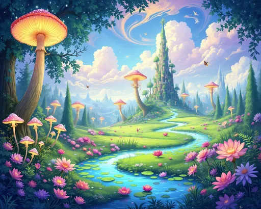 Prompt: whimsical storybook illustration, landscapes of the mind, surreal scenery full of imaginative landscapes, dreamlike colors, enchanted forests, floating islands, playful creatures, vibrant hues blending seamlessly, soft and gentle lighting, captivating and whimsical ambiance, HD, ultra-detailed, inviting atmosphere that sparks curiosity and wonder