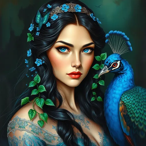 Prompt: This is a highly detailed oil painting in a fantasy art style. The central figure is a fair-skinned woman with strikingly vivid blue eyes and long, dark, wavy hair adorned with small, delicate, vividly colored flowers—blue and teal- and shimmering, iridescent peacock feathers. Her facial features are delicate, with high cheekbones and full lips. She wears an ornate, metallic headpiece that glimmers subtly. Her right shoulder is partially covered by green, leafy vines that have a textured, almost three-dimensional appearance, over an ornate regal gown of lace and chiffon. Beside her, on the right side of the image, is a vividly colored peacock with a blue, iridescent, shimmering plumage and a bright red eye. The bird's feathers are detailed with a mix of blue and green hues, giving it a lifelike texture. The background is dark and somewhat abstract, with deep greens and blacks, allowing the brightly colored elements of the woman and bird to stand out prominently. The lighting in the image is soft, with subtle highlights that accentuate the woman's face and the bird's feathers. The overall mood of the painting is mystical and enchanting, with a strong emphasis on natural beauty and fantasy elements. She wears an elaborate, richly detailed, ombre, detailed gown of a queen- made of lace and chiffon, taffeta and satin.
