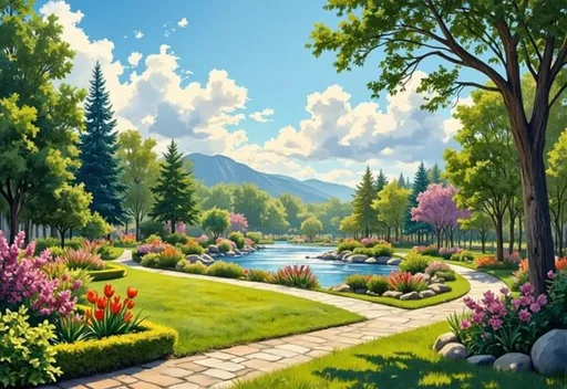Prompt: vibrant park scene, bright summer day, crisp blue sky filled with fluffy white clouds, lush grassy expanses, charming alleys winding through tall summer flower beds, bordered by intricately sculpted hedges, shimmering water features, serene rock gardens, a variety of flourishing trees, fine arts painting style, rich color palette, warm sunlight casting soft shadows, ultra-detailed, high-definition artistry.