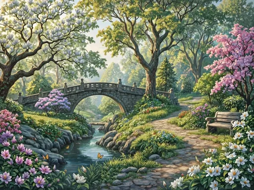 Prompt: This is an exquisitely detailed,  fine arts oil painting depicting a serene, idyllic garden scene. The foreground features a rustic stone bench with a slightly weathered texture, positioned on the left side of the image. Above the bench, a lush magnolia tree with large, white blossoms extends its branches, adding a touch of elegance. To the side of the bench, a stone bridge with an arched design spans a gently flowing creek, which is adorned with small rocks and greenery. The creek reflects the soft sunlight filtering through the trees, creating a tranquil atmosphere. Ornate lamps flank the bridge.

In the background, tall, ancient trees with thick trunks and sprawling branches provide a canopy of greenery that let in dappled shafts of sunlight. The trees are partially shrouded in a light mist, adding a sense of mystique. On one side of the image, vibrant pink azalea and purple rododendron bushes bloom, contrasting with the greenery and other flowers. Variegated pink/white camellia and white gardenias bloom. The path leading to the bridge is lined with various plants and shrubs, contributing to the lush, natural setting. The sky is not visible, but the overall lighting suggests a bright, sunny day with a bit of haze and atmospheric moisture. Butterflies and burds with iridescent, colorful wings abound. The image has a dreamy, almost magical quality, with a focus on natural beauty and peacefulness. The digital painting style is highly detailed, with realistic textures and vibrant colors. No artist's signature.