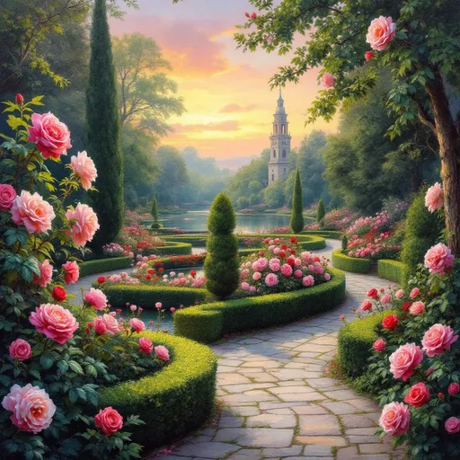 Prompt: varied roses bordered by neat hedges, blooming along curved stone paths through exquisitely beautiful park and pond at dawn. Oil painting