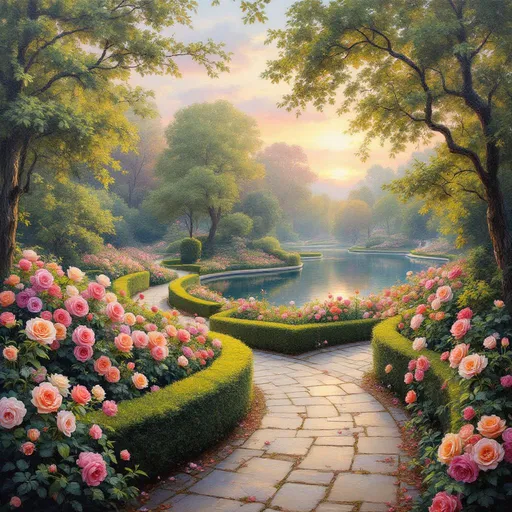 Prompt: varied roses bordered by neat hedges, blooming along curved stone paths through exquisitely beautiful park and pond at dawn. Oil painting