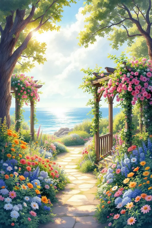 Prompt: A serene, sun-drenched garden by the shimmering sea, dappled with soft, golden light filtering through fluffy, cotton candy clouds. Light mist kisses the vibrant petals of an abundance of colorful flowers, their hues dancing in harmony with the gentle, salty breeze. Lush shrubs and tall, graceful trees sway slightly, their leaves whispering secrets to one another. Flourishing flowering vines cascade elegantly over rustic trellises, adding a touch of whimsy to the idyllic scene. The distant sound of waves lapping against the shore enhances the peaceful atmosphere, inviting one to sit and revel in nature's beauty. This enchanting vista is captured in a fine arts watercolor painting, where the colors meld effortlessly, creating a dreamlike quality that evokes tranquility and joy.