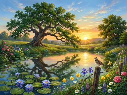 Prompt: This is an exquisitely detailed fine arts digitally painted landscape in a realistic style, depicting a serene countryside scene at sunset. The central focus is a large, majestic tree with a broad, twisted trunk and expansive, green-leaved branches that cast gentle shadows on the ground. The tree stands beside a calm, reflective pond, which is adorned with lily pads and a blue water lilies in full bloom in the foreground. The pond's surface mirrors the surrounding greenery and the golden hues of the sunset. The grasdy banks are resplendent with colorful flowers. Dragonflies zoom about and a lark sits on the fence.

In the background, the sun is setting, casting a warm, golden light that illuminates the sky with hues of orange, yellow, and blue. The sky is dotted with soft, wispy clouds. To the right of the tree, there is another smaller tree with dense foliage, adding depth to the scene. The grassy field surrounding the pond is lush and green, with various plants and wildflowers scattered throughout.

In the foreground, a weathered wooden post with a rusty barbed wire is partially visible, adding a touch of rustic charm. The overall texture of the painting is smooth with detailed brushwork, capturing the tranquility and beauty of the natural setting.