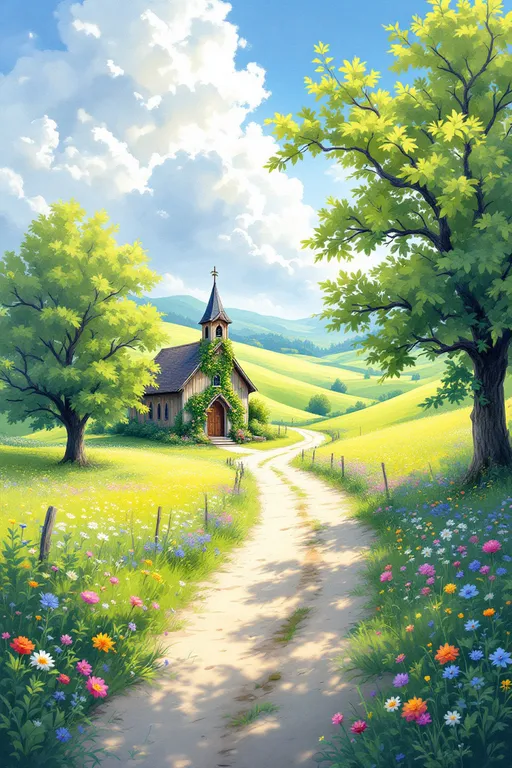 Prompt: A serene, verdant countryside unfolds beneath a radiant sky, where fluffy white clouds drift lazily above. Vibrant wildflowers in a riot of colors blanket the rolling hills, swaying gently in the warm breeze, while majestic trees, their leaves a brilliant green, offer welcoming shade. A winding dirt road leads the eye towards a quaint, charming country church, its weathered wooden façade adorned with creeping vines heavy with blossoms, exuding a sense of timeless peace. Sunbeams filter through the foliage, casting a soft, golden light that dances across the landscape, enhancing the idyllic atmosphere. This picturesque scene invites tranquility and a deep connection to nature, portrayed in a dreamy watercolor illustration style.