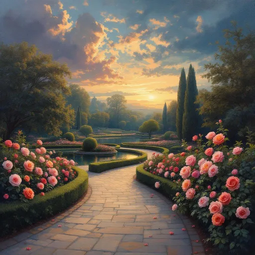 Prompt: varied roses bordered by neat hedges, blooming along curved stone paths through exquisitely beautiful park and pond at dawn. Moody sky with indigo, gold and blush. Oil painting