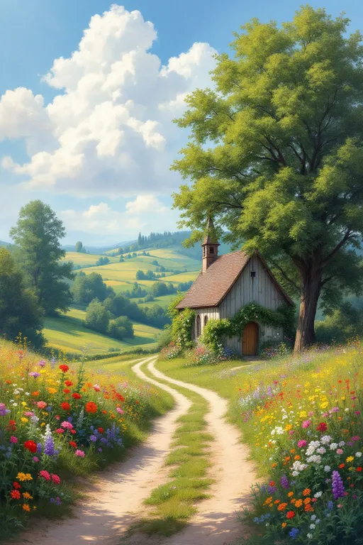Prompt: A serene, verdant French countryside unfolds beneath a summer sky, where fluffy white clouds drift lazily above. Vibrant wildflowers in a riot of colors blanket the rolling hills, swaying gently in the warm breeze, while majestic trees, their leaves a fresh green, offer welcoming shade. A winding dirt road leads the eye towards a quaint, charming country church, its weathered wooden façade surrounded by flowers and creeping vines heavy with blossoms, exuding a sense of timeless peace. Sunbeams filter through the foliage, casting a soft, golden light that dances across the landscape, enhancing the idyllic atmosphere. This picturesque scene invites tranquility and a deep connection to nature, portrayed in a dreamy oil painting style.