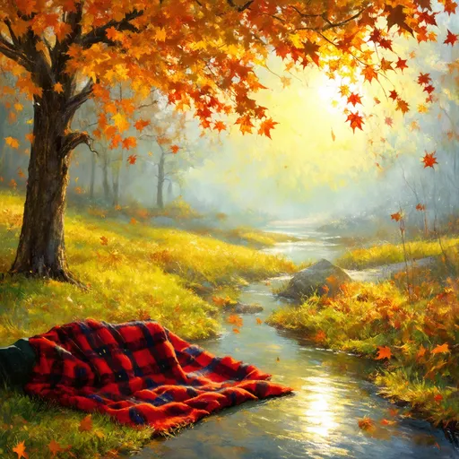 Prompt: (fine arts illustration), fall picnic scene, sparkling creek, fuzzy plaid blanket, (color-changing maple tree), leaves fluttering in the breeze, falling leaves, gentle warm light, sun shining, departing storm front, luscious greenery, exquisite landscape, soft brush strokes, vibrant autumn colors, nostalgic atmosphere, serene outdoor setting, ultra-detailed, 4K quality.