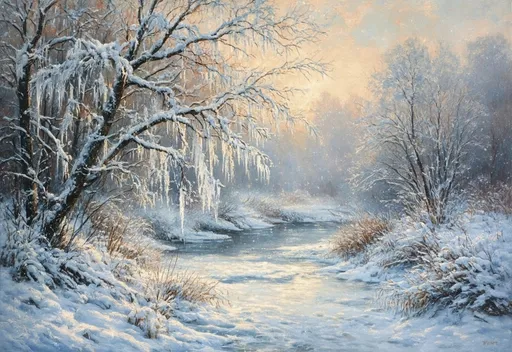 Prompt: Vibrant winter landscape painting in the style of Peder Mork Munsted. Icicles on tree branches, frozen river, sparkling snow