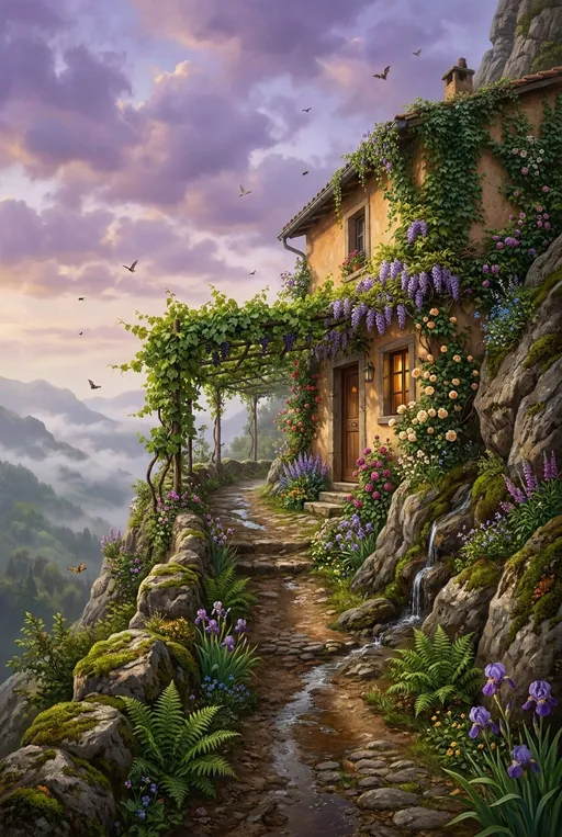 Prompt: In the style of Ivan Shishkin, a highly detailed digital painting depicting a serene countryside scene, the focal point is a small, quaint house with a warm-colored stucco exterior, covered in ivy and flowers, perched against the side of a steep hill at the end of a steep, narrow, wet dirt path carved into the grass-covered rock, with water trickling on the side through rocks, ferns and moss. The house is built into the side of the hill, the earth itself acting like a back wall. The path is shaded by a canopy of trellised grapevines and flanked by moss-covered rocks, roses, irises and wildflowers. The house has a wooden door and a small window, allowing natural light to enter, surrounding the house are lush, green foliage and vibrant flowers in various shades of plum, lavender, cream, peach, and blue. In the background, a vast, mountainous landscape stretches out, with foggy hills and distant mountains. At the top of the image, the sky is filled with fluffy, purple clouds, and a few birds, insects and bats are flying in the distance. The ground is made of cobblestone stones, which add to the rustic feel of the scene, the overall color palette is warm, with shades of blues, greens, and purples dominating the scene. The overall style is highly detailed and realistic, with a focus on vibrant, otherworldly colors and textures. Fine arts illustration, highly detailed digital landscape masterpiece. Oils