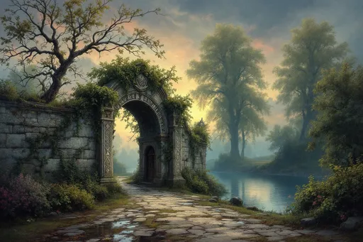 Prompt: An old stone bridge faraway on a broad, lazy river in the swirling fog. Fine arts oil painting of a beautiful rural landscape in summer, with downed branches and leaves after a summer storm passed. Puddles on the ground. The twilight sky, a gradient of indigo, gold and blush, casts a haunting yet serene ambiance over a weathered stone archway adorned with intricate mysterious carvings, partially draped in creeping ivy, like a portal to another world. Towering, green deciduous trees loom in the background, their branches whispering secrets to the breeze. A pathway, lined with overgrown bushes, leads to the river, where shadows dance delicately.  The scene is infused with a sense of history and reverence, wrapping the viewer in an evocative embrace, reminiscent of a melancholic yet beautiful memory.