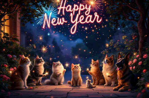 Prompt: In a secluded, dimly-lit park flanked by flower beds, a group of cats of various breeds—fluffy Persians, sleek Siamese, and regal Maine Coons—are gathered alongside robust German Shepherds, their expressions a mix of curiosity and excitement. Each cat and dog delicately holds a colorful sparkler firecracker in its paw, the glowing embers casting flickering lights that illuminate their fur in a warm, whimsical glow. Above them, a vibrant sky bursts into a kaleidoscope of fireworks, the sparkling colors intertwining to form the festive words "Happy New Year." The atmosphere is electrifying, with soft, smoky wisps trailing from the fireworks as they crackle and pop, while the alley echoes with a muffled celebration. Render this scene in dark fantasy concept art, focusing on the vivid contrasts between the cats, dogs, and the bright, magical display above. Oils 