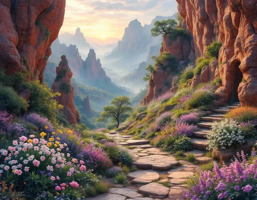 Prompt: Imagine a breathtaking nighttime, springtime pencil, marker and watercolor painting landscape of otherworldly red stone formations—ancient, craggy cliffs and sculptural rock towers curving over the ground, rising from mist-filled ground over distant valleys, their weathered surfaces etched with time. 
Nestled within cracks and terraces of the rock, an otherworldly rock garden has taken hold. Delicate life emerges improbably from the stone in an explosion of color: silky grass, delicate otherworldly wildflowers, colorful succulents, tender green shrubs, yellow forsythia, purple wisteria, pink clematis, dew-covered ivy and small, wind-shaped trees rooted in narrow seams of soil. Soft pink and white blossoms cascade from the rock faces, while lilacs, daffodils, hyacinths, snowdrops, tulips, irises, bluebells, dandelions, and other spring flowers bloom in pockets between boulders and along natural stone steps, as if the cliffs themselves are flowering.
Moonlight glimmers on dew-kissed petals and mineral surfaces alike, lending a cool, faintly golden glow to the stone and blooms. Above is a star-filled night sky streaked with distant nebulae, casting gentle shadows that emphasize the scale and texture of the rock formations. Below, sparse but lush dark green grasses ripple softly at the base of the cliffs, reinforcing the contrast between unyielding stone and fragile life.
Rendered as a highly detailed oil landscape in the spirit of 19th-century realist painting, the scene invites the viewer to lose themselves in the serene tension between monumental geology and the quiet persistence of spring.