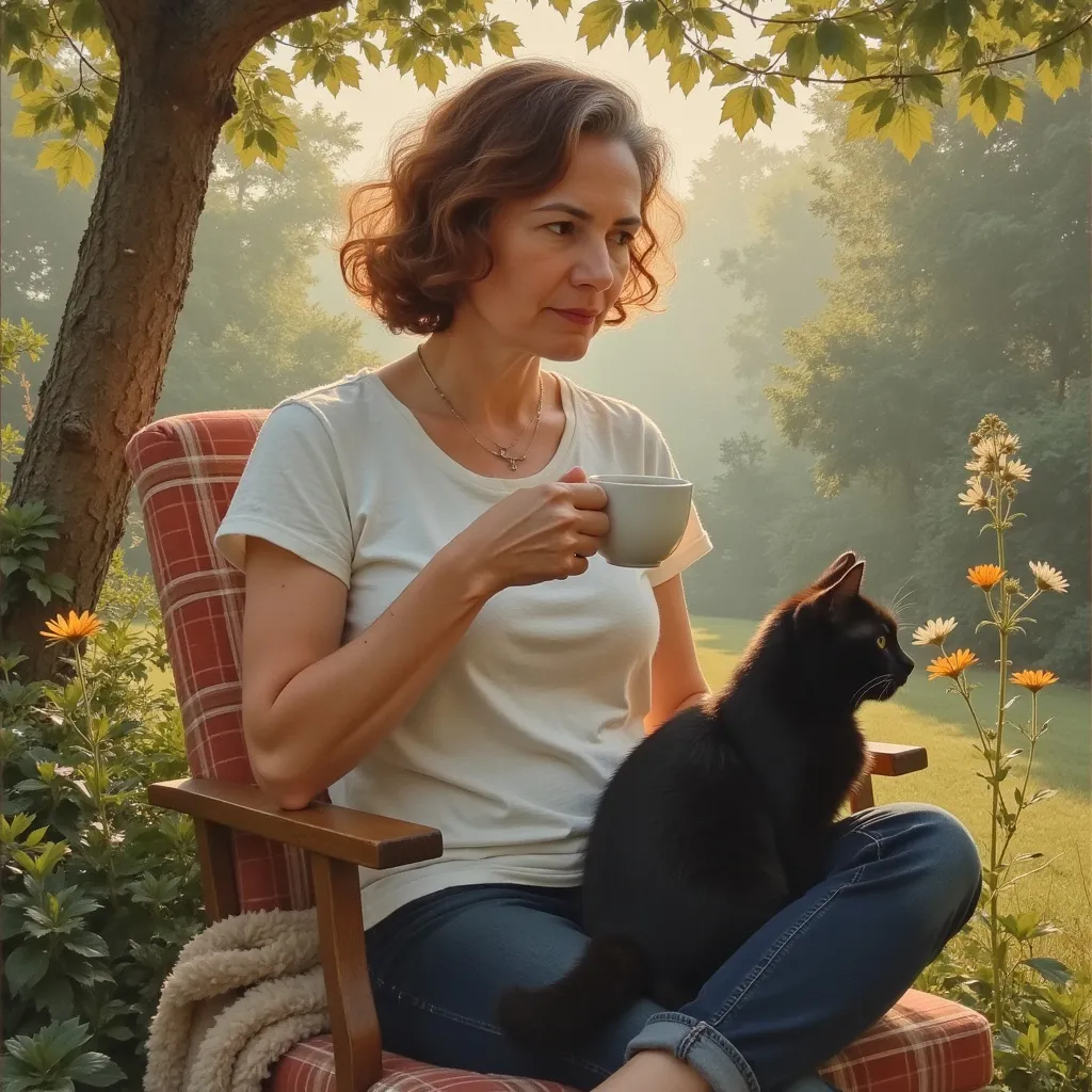 Prompt: thin woman in tee shirt and tights sits in garden early in the morning, with black cat on her lap, drinking coffee, fine arts illustration, oils