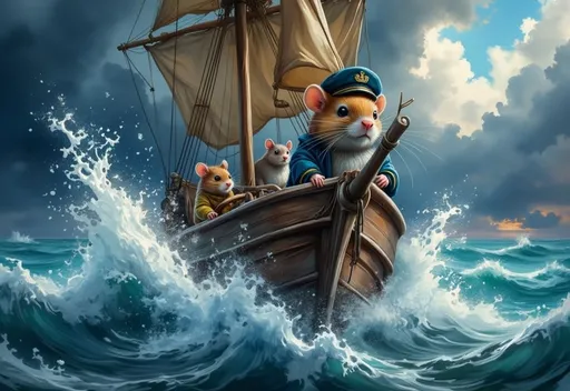 Prompt: storybook illustration of tan mouse captain steering majestic schooner in stormy seas, turbulent waves crashing around, ominous clouds, dramatic chiaroscuro lighting enhancing the action, vibrant oil painting textures, rich blues and grays contrasting with the brighter colors of the mice, high depth, evocative and adventurous ambiance, capturing the tension and peril of their plight, ultra-detailed craftsmanship.