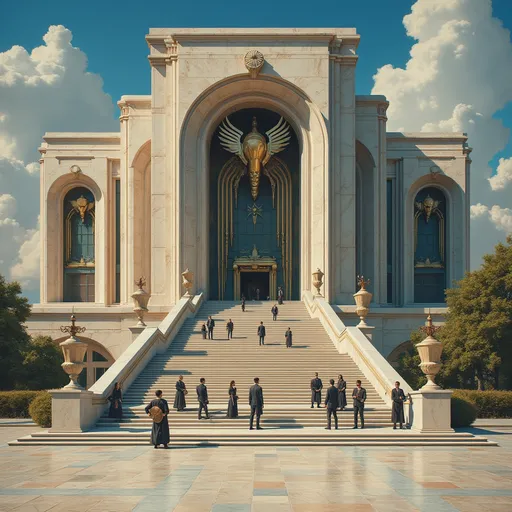 Prompt: impressive, ornate, marble building with a long flight of steps leading up, a mix of neoclassical and futuristic, with an elegant delegation waiting for important visitors at the front entrance, sci-fi oil painting.
