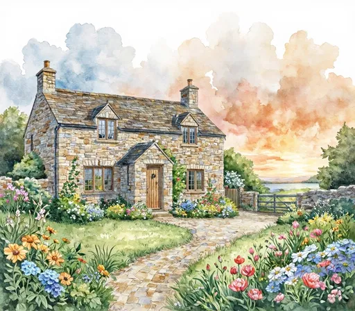 Prompt: A watercolor painting of a stone cottage with a flower garden at sunset
