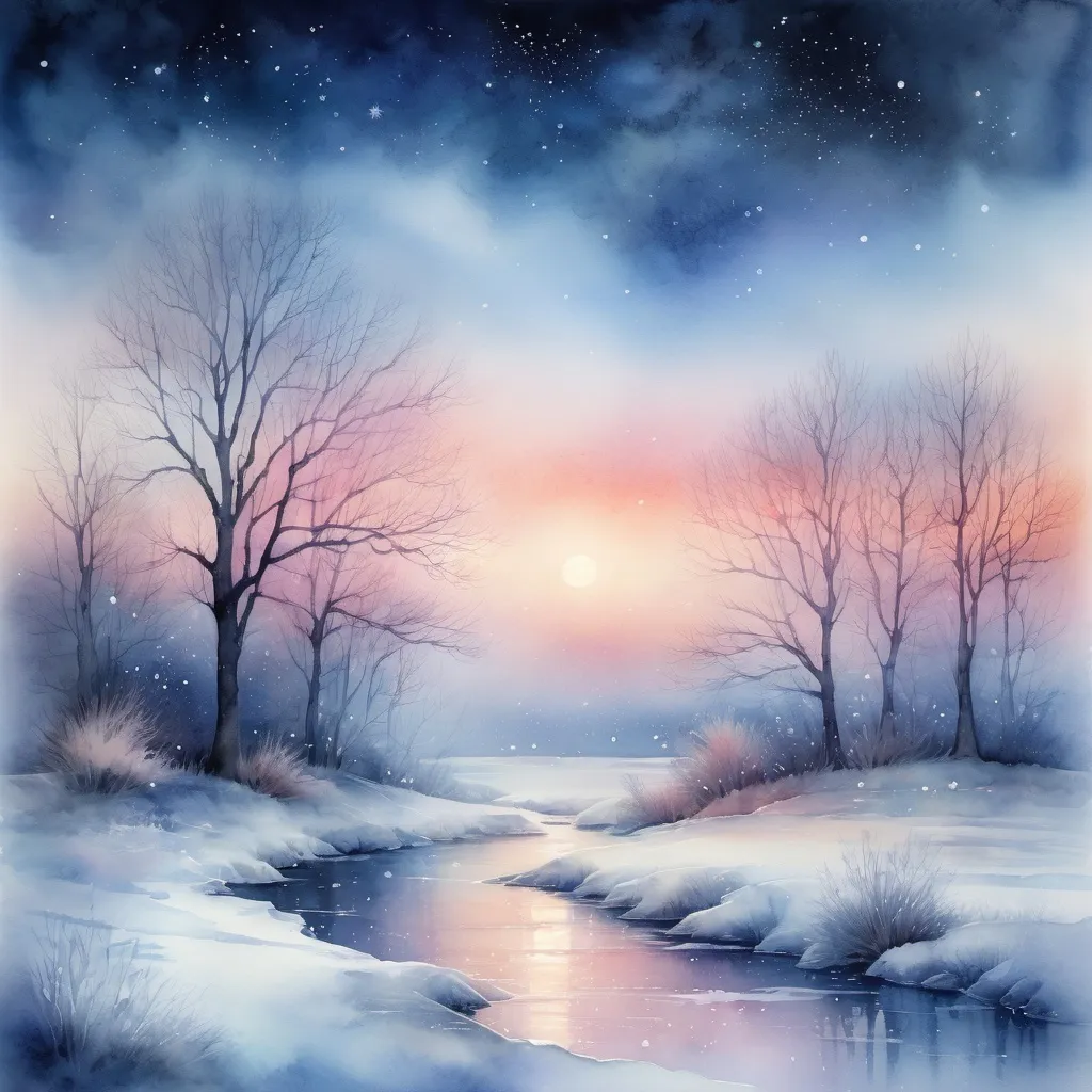 Prompt: watercolor painting of a frosty winter night, ethereal atmosphere, a harmonious transition from night to day, vivid hues of twilight blues blending into warm sunrise blush, with mystical stars twinkling above softly, gathering mist, soft brush strokes, dreamlike composition, representation of hope, symbolic imagery of beginnings emerging from darkness, 4K, ultra-detailed, evocative and captivating, genius artistry. Silhouette of a man standing on the shore, looking out