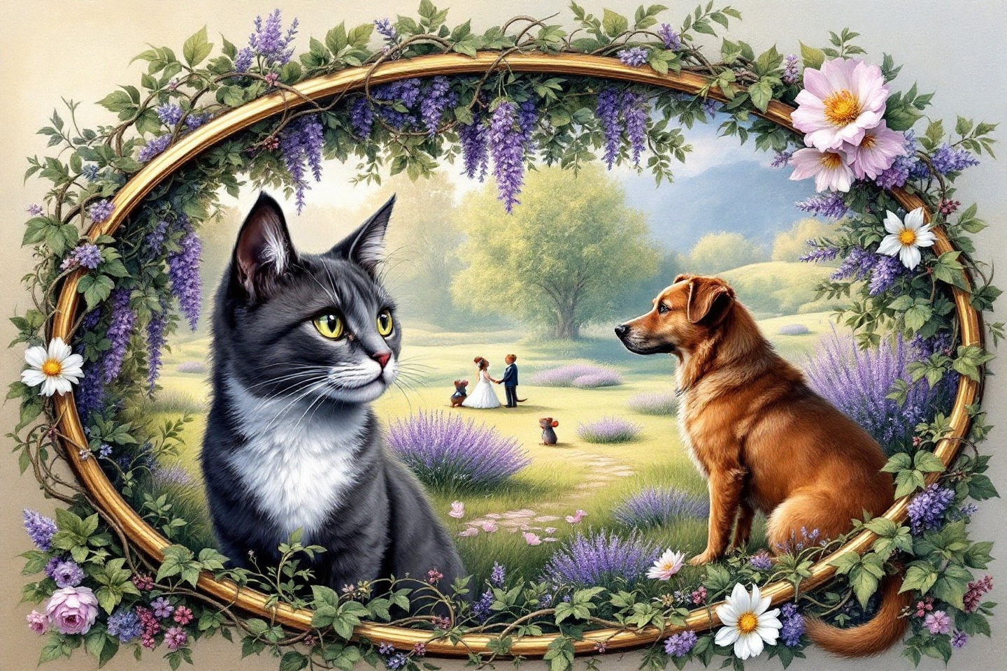 Prompt: oil painting, farm cat and guard dog talk, observing a distant mouse wedding, enchanting farm setting, whimsical storybook illustration in oval frame adorned with lush vines and verdant leaves, delicate gold rim, dreamy ambiance, romantic atmosphere, soft, muted colors, ethereal and magical feel, ultra-detailed, high-quality art masterpiece.