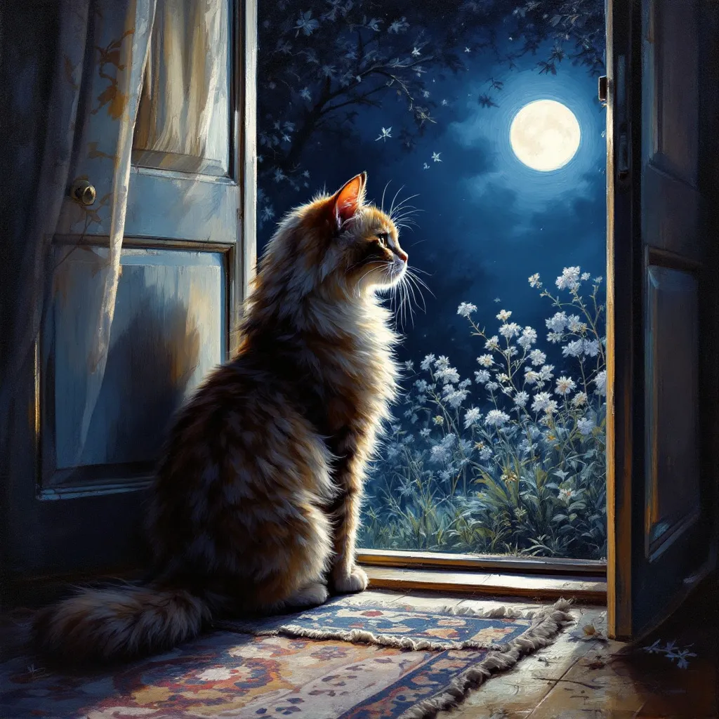Prompt: A fluffy cat with a twitching tail and one paw extended tries to walk over the threshold of an open door, caught between two worlds. On one side, a warm and cozy living room glows with the soft light of a fireplace, plush rugs, and an inviting armchair. On the other, a moonlit garden shimmers with silvery foliage, delicate flowers, and the deep blues and purples of the night. The cat's whiskers quiver as if pondering an existential dilemma, embodying the tension of choice. Painted in rich, expressive oil brushstrokes, capturing intricate details of fur, light, and texture in a fine arts illustration style