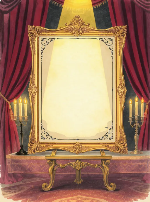 Prompt: imagine an ink and wash illustration of an antique, blank vellum canvas, with a calligraphy-like outline in maroon, navy blue and beige, is framed in an ornate curlicue gold frame. The object is displayed on a table easel in a regal chamber, with candelabra burning beside it and a spotlight shining on it from above. Watercolors
