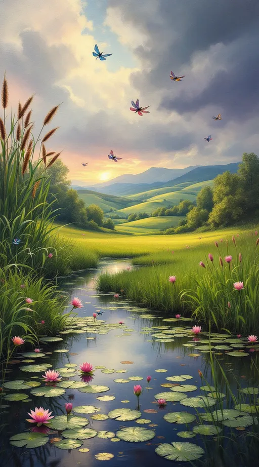 Prompt: A lush, verdant countryside stretches across the canvas, rich with varying shades of green that invite tranquility. In the foreground, a serene pond glimmers, dotted with delicate water lilies that float gracefully atop its surface, while colorful dragonflies dart playfully above, their iridescent wings catching the muted light. Towering cattails sway gently in the warm breeze, their feathery tops brushing against the air. In the distance, soft, rolling hills rise majestically, their outlines softened by the moody sky in silver, blush and lavender, laden with departing storm clouds. The atmosphere is tense yet beautiful, as the light breaks free of the clouds. This captivating scene is rendered in a rich oil painting style, emphasizing texture and depth to evoke an emotional connection with nature’s beauty and impermanence.