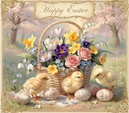 Prompt: Imagine a charming Victorian-style Easter greeting card, adorned with a delicate basket overflowing with vibrant snowdrops, cheerful crocuses, fragrant violets, sunny daffodils, blue forget-me-nots, happy primroses, wild pink roses and pristine lily of the valley. The scene is bathed in soft pastel hues, as the gentle light of spring filters through a canopy of blooming trees, casting a warm glow on the flowers. Nestled among the blossoms are fluffy newborn chicks, their downy feathers glowing in the light, playfully interacting with the intricately decorated Easter eggs that lay scattered around the basket. This enchanting composition, rendered in dreamy oils, evokes a sense of joy and renewal, capturing the delicate beauty of the season.