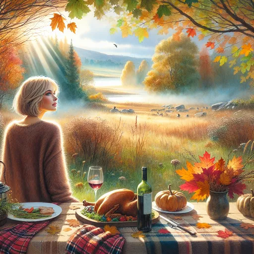 Prompt: fall scene in lush meadow in California Modesto Valley, pensive 40 year old woman with chin-length blonde bob hair looks into the distance, faint mist, color-changing trees, distant sparkling river, warm mellow light, wine bottle, wine glass on table with plaid fuzzy blanket, sun shining through falling leaves, roast turkey, pumpkins, fall leaves in a vase, exquisitely detailed fine arts illustration, watercolors