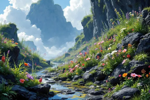 Prompt: natural rock garden on alien planet with delicate, colorful, otherworldly flowers growing on the wet, rocky surface of mist-covered cliffs. Wet dark gray rocks, moist soil. Blue sky, fluffy clouds, vegetation-covered cliffs with tall green grass, wildflowers, shrubs, flowering vines and ferns. Puddles with algae. Sci-fi fine arts illustration, oils