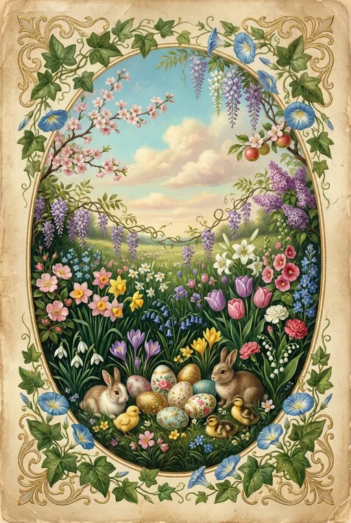 Prompt: A Victorian-inspired, Easter greeting card illustration, ornate oil painting. A softly glowing pastoral meadow in the English countryside sits within an elaborate decorative border, overgrown with an overabundance of flowers. The sky is a gentle robin’s-egg blue with small cottony clouds brushed in pale cream and blush. Golden sunlight washes the scene in a warm, sentimental glow.

The meadow below is lush — dark-emerald grasses dotted with wildflowers, snowdrops, crocuses, pink and yellow daffodils, bluebells, lavender and rose tulips, white lilies, wild roses, hollyhocks, forget-me-nots, lilies, carnations, delphiniums, wisteria and blooming lilacs. Flowering cherry and apple blossoms arch inward gracefully, while wisteria and clematis trail in decorative curves. Easter eggs in the foreground with bunnies, newborn fluffy chicks and ducklings.

The entire composition is framed by an intricate curlicue border of twisting ivy, blue morning glories, and delicate gilt curlicue, reminiscent of embossed Victorian greeting cards. No script. The frame forms an elegant oval vignette, with botanical embellishments and delicate gold filigree accents. Slight sepia undertones, visible paper grain, softly faded edges, and a nostalgic, heirloom quality. Oils.