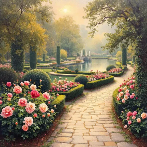 Prompt: varied roses bordered by neat hedges, blooming along curved stone paths through exquisitely beautiful park and pond at dawn. Oil painting