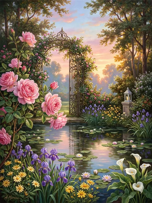 Prompt: This is a highly detailed, vibrant painting in a romantic, realistic style. The scene depicts a serene garden landscape centered around a tranquil, reflective pond. The pond is filled with lily pads and surrounded by a variety of colorful flowers, including large pink roses, purple and yellow blossoms, and delicate white lilies. The roses are prominently featured on the left side, cascading from a vine that wraps around an ornate, wrought-iron arch. The arch is adorned with more roses and green leaves, adding a sense of depth and framing to the scene.

In the background, the sky is painted in soft pastel hues of pink, orange, and blue, suggesting either a sunrise or sunset. The sunlight filters through the trees, casting a warm, golden glow over the entire scene. On the right side, there is a small, white lantern perched on a pedestal, partially obscured by the foliage. The trees and bushes around the pond are lush and green, with some branches extending over the water, creating a canopy effect. The overall texture of the painting is smooth, with meticulous attention to detail in the flowers, leaves, and water reflections, enhancing the realistic and romantic atmosphere.