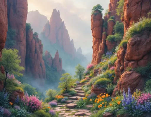 Prompt: Imagine a breathtaking nighttime, springtime pencil, marker and watercolor painting landscape of otherworldly red stone formations—ancient, craggy cliffs and sculptural rock towers curving over the ground, shrouded in mist, looming over distant valleys, their weathered surfaces etched with time. 
Nestled within cracks and terraces of the rock, an otherworldly rock garden has taken hold. Delicate life emerges improbably from the stone in an explosion of color: silky grass, delicate otherworldly wildflowers, colorful succulents, tender green shrubs, yellow forsythia, purple wisteria, pink clematis, dew-covered ivy and small, wind-shaped trees rooted in narrow seams of soil. Soft pink and white blossoms cascade from the rock faces, while lilacs, daffodils, hyacinths, snowdrops, tulips, irises, bluebells, dandelions, and other spring flowers bloom in pockets between boulders and along natural stone steps, as if the cliffs themselves are flowering.
Moonlight glimmers on dew-kissed petals and mineral surfaces alike, lending a cool, faintly golden glow to the stone and blooms. Above is a star-filled night sky streaked with distant nebulae, casting gentle shadows that emphasize the scale and texture of the rock formations. Below, sparse but lush dark green grasses ripple softly at the base of the cliffs, reinforcing the contrast between unyielding stone and fragile life.
Rendered as a highly detailed oil landscape in the spirit of 19th-century realist painting, the scene invites the viewer to lose themselves in the serene tension between monumental geology and the quiet persistence of spring.