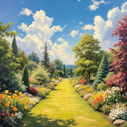 Prompt: bright summer day, crisp blue sky with fluffy clouds, beautiful park with grassy expanses and alleys through tall summer flower beds bordered by low sculpted hedge, with water features, rock gardens, various trees, fine arts painting