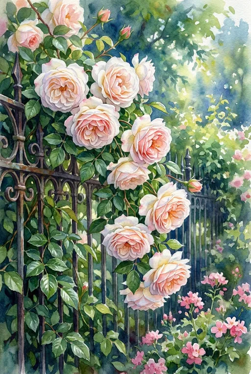 Prompt: This image is a highly detailed, realistic digital painting depicting a lush, vibrant garden scene. The focal point is a cascading vine adorned with large, blooming white roses edged in shades of pink, peach, and white. The roses are fully open, showcasing delicate, layered petals with soft gradients of color. The green leaves of the vine are dense and glossy, creating a rich, textured backdrop. The vine hangs from the top left corner, flowing down the left side of the image. In the background, there is a blurred, dreamy green and blue gradient that suggests a sunny, dappled light filtering through foliage. To the bottom right, smaller pink flowers add a pop of color and depth to the scene. The left side of the image features a dark, wrought-iron fence, partially obscured by the vine, adding an element of structure and contrast to the organic forms. The overall composition is balanced and serene, evoking a sense of tranquility and natural beauty. The digital painting style uses soft, blended brushstrokes and a rich, saturated color palette to create a realistic yet slightly ethereal atmosphere. Highly detailed,  exquisite fone arts watercolor painting 