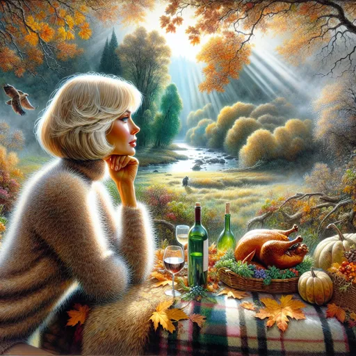 Prompt: fall scene in lush meadow in California Modesto Valley, pensive 40 year old Romanian woman with chin-length blonde bob hair and fuzzy sweater looks into the distance away from camera, faint mist, color-changing trees, distant sparkling river, bright mellow light, wine bottle, wine glass on table with plaid fuzzy blanket, sun shining through falling leaves, roast turkey, pumpkins, fall leaves in a vase, exquisitely detailed fine arts illustration, watercolors