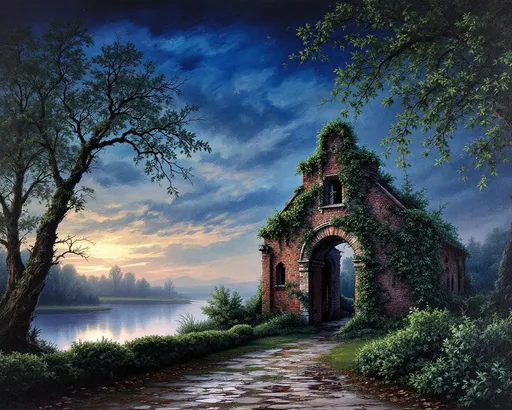 Prompt: An old brick mill decaying by a lazy river in the swirling fog. Fine arts oil painting of the outskirts of Roman, Romania in summer, with downed branches and leaves after a summer storm passed. Puddles on the ground. The twilight sky, a gradient of indigo and blush, casts a haunting yet serene ambiance over a weathered stone archway adorned with intricate carvings, partially draped in creeping ivy. Towering, green deciduous trees loom in the background, their branches whispering secrets to the breeze. A pathway, lined with overgrown bushes, leads to the mill's entrance, where shadows dance delicately.  The scene is infused with a sense of history and reverence, wrapping the viewer in an evocative embrace, reminiscent of a melancholic yet beautiful memory.