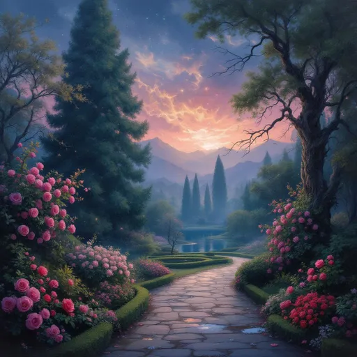 Prompt: park with flowers, roses, flowering vines, trees and shrubs framed by boxwood hedges in the swirling fog, along winding stone paths. pond in the distance, and faraway mountains shrouded in mist. Fine arts oil painting in summer, with downed branches and leaves after a summer storm passed. Puddles on the ground. The shimmering, sparkling twilight sky, a gradient of indigo and blush, casts a haunting yet serene ambiance. Towering, green deciduous trees loom in the background, their branches whispering secrets to the breeze. A pathway, lined with vegetation and magical sparkles, leads into the thicket's tranquil depths, where shadows dance delicately. The scene is infused with a sense of wonder and magic. Oil painting