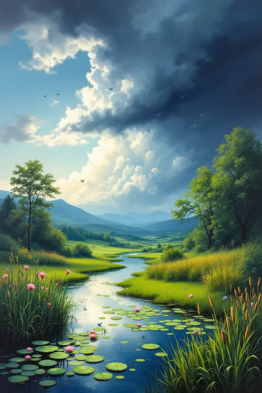Prompt: Oil painting, lush, verdant countryside, distant hills, pond with water lilies, dragonflies and cattails, passing storm, Moody sky