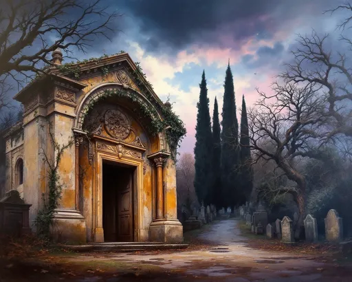 Prompt: Visualize an atmospheric fine arts oil painting of the city cemetery in Roman, Romania, with downed branches and leaves after a summer storm passed. Puddles on the ground. The sky, a gradient of deep indigo and blush, casts a haunting yet serene ambiance over the weathered stone archway adorned with intricate carvings, partially draped in creeping ivy. Dark, towering cypress trees loom in the background, their branches whispering secrets to the breeze. A pathway, lined with ancient tombstones, leads into the cemetery’s tranquil depths, where shadows dance delicately.  The scene is infused with a sense of history and reverence, wrapping the viewer in an evocative embrace, reminiscent of a melancholic yet beautiful memory.