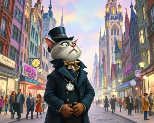 Prompt: whimsical storybook illustration, bored middle-aged cat with anxious expression, adorned in 1915 attire, standing in the midst of a bustling street, gazing up at towering buildings and diverse pedestrians, rich color palette with soft pastel tones, emotionally evocative atmosphere, dynamic movement of the crowd, ultra-detailed 4K, enchanting and imaginative scene
