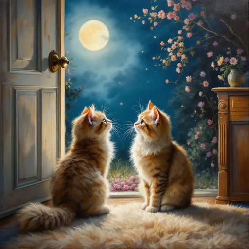 Prompt: A fluffy cat with a twitching tail and one paw extended walks frozen in indecision over the threshold of an open door, caught between two worlds. On one side, a warm and cozy living room glows with the soft light of a fireplace, plush rugs, and an inviting armchair. On the other, a moonlit garden shimmers with silvery foliage, delicate flowers, and the deep blues and purples of the night. The cat's whiskers quiver as if pondering an existential dilemma, embodying the tension of choice. Painted in rich, expressive oil brushstrokes, capturing intricate details of fur, light, and texture in a fine arts illustration style