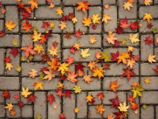 Prompt: A painting depicting a
 paved surface composed of rectangular weathered bricks in a muted grayish-brown color and are arranged in a slightly uneven pattern with visible cracks and grout lines. Scattered across the surface are numerous leaves, intricate and colorful, indicating an autumn setting. The leaves- from maples, oaks, aspens, ginseng, and other species- vary in size and shape, with some being more intact while others are partially crumpled or torn, displaying varying fall coloration in every shade of red, green, orange, bordeaux, brown.  Some are fading to brown, others are spotted with orange and red, some are green outlined with reds, oranges and yellow. The texture of the pavement is rough, with visible wear and slight discoloration in certain areas. The overall composition of the image is simple and natural, focusing on the contrast between the rigid, man-made bricks and the organic, decaying leaves. The image is depicted from a top-down perspective, providing a clear and detailed view of the tiled surface and the ombre-colored, scattered leaves from oaks, maples, aspens.. The colors are predominantly warm, with shades of red, green, brown, gray, wine and yellow. There are no people or additional objects in the frame, allowing the viewer to focus entirely on the interplay between the pavement and the fallen leaves. The image evokes a sense of quiet and stillness, typical of an outdoor setting during the fall season. Oil pastels.