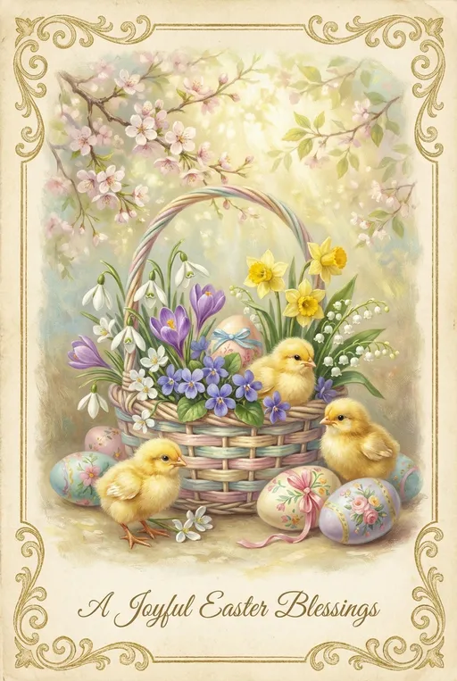Prompt: Imagine a charming Victorian-style Easter greeting card, adorned with a delicate basket overflowing with vibrant snowdrops, cheerful crocuses, fragrant violets, sunny daffodils, and pristine lily of the valley. The scene is bathed in soft pastel hues, as the gentle light of spring filters through a canopy of blooming trees, casting a warm glow on the flowers. Nestled among the blossoms are fluffy newborn chicks, their downy feathers glowing in the light, playfully interacting with the intricately decorated Easter eggs that lay scattered around the basket. This enchanting composition, rendered in dreamy oils, evokes a sense of joy and renewal, capturing the delicate beauty of the season.
