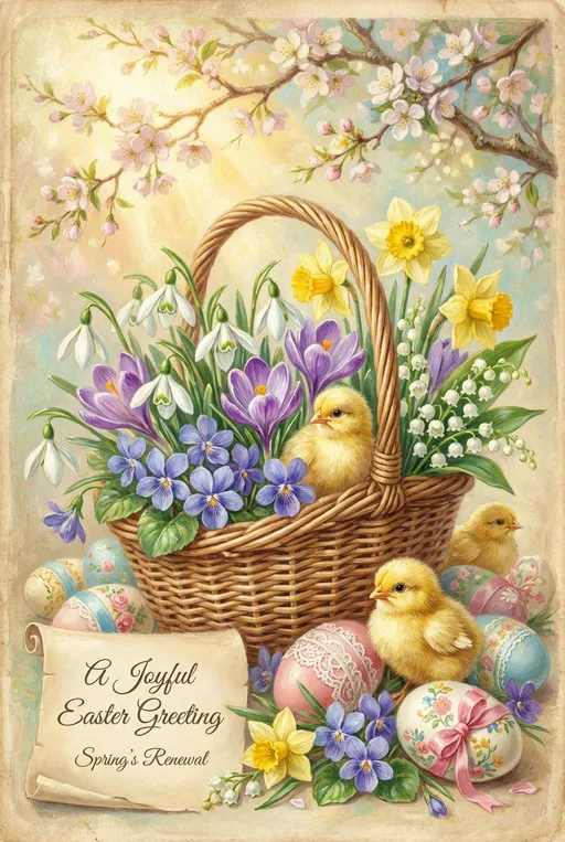 Prompt: Imagine a charming Victorian-style Easter greeting card, adorned with a delicate basket overflowing with vibrant snowdrops, cheerful crocuses, fragrant spring violets, sunny daffodils, and pristine lily of the valley. The scene is bathed in soft pastel hues, as the gentle light of spring filters through a canopy of blooming trees, casting a warm glow on the flowers. Nestled among the blossoms are fluffy newborn chicks, their downy feathers glowing in the light, playfully interacting with the intricately decorated Easter eggs that lay scattered around the basket. This enchanting composition, rendered in dreamy oils, evokes a sense of joy and renewal, capturing the delicate beauty of the season.