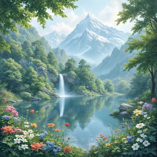 Prompt: vibrant flowers in lush garden setting, placid lake with gentle reflections, cascading waterfall, majestic mountains towering in the background, serene and tranquil ambiance, lush greenery all around, traditional oil painting style, ultra-detailed brushwork, high-resolution 4K quality, old-fashioned aesthetic, soft daylight illuminating the scene, inviting atmosphere.